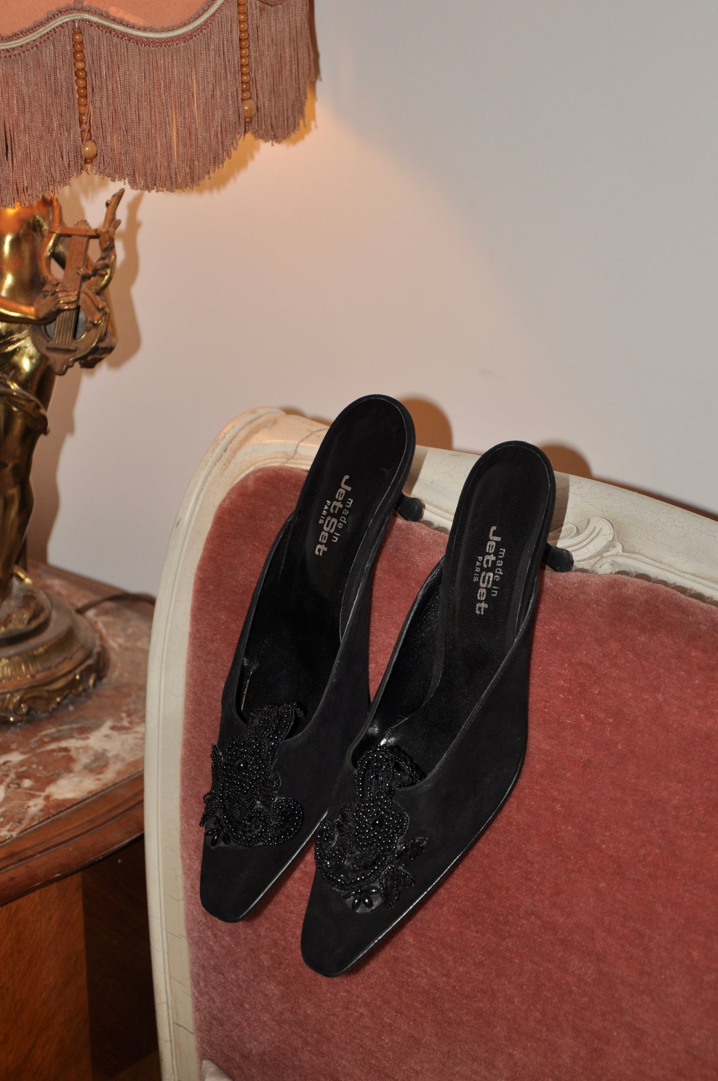90's Velvet Beaded Black Heels