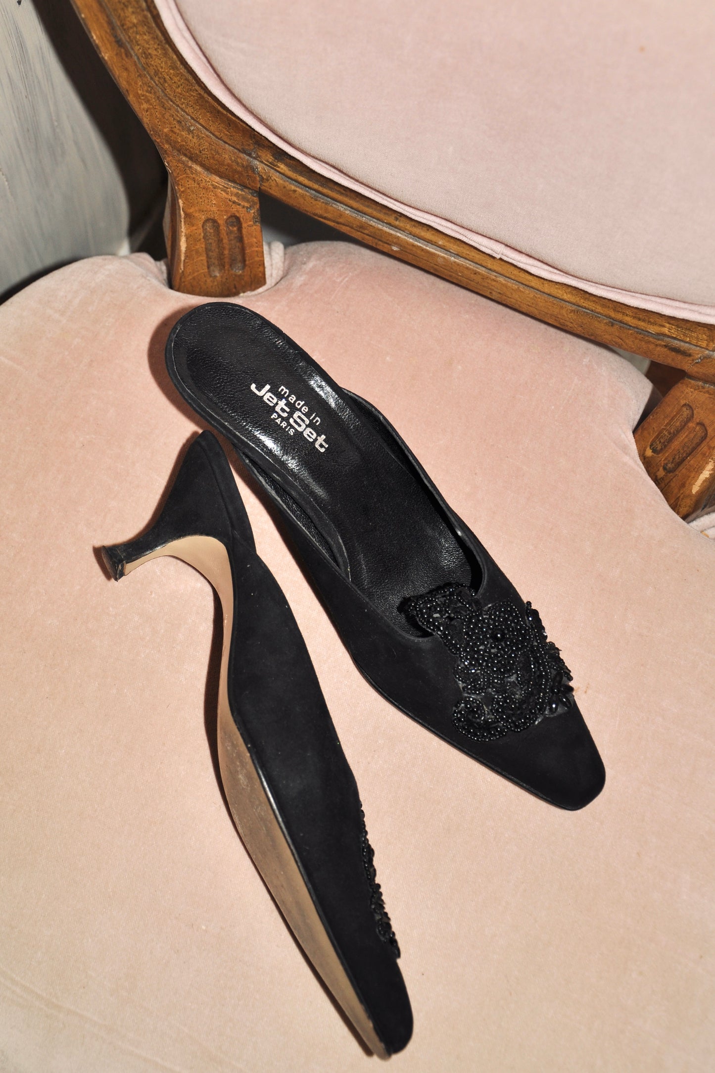 90's Velvet Beaded Black Heels