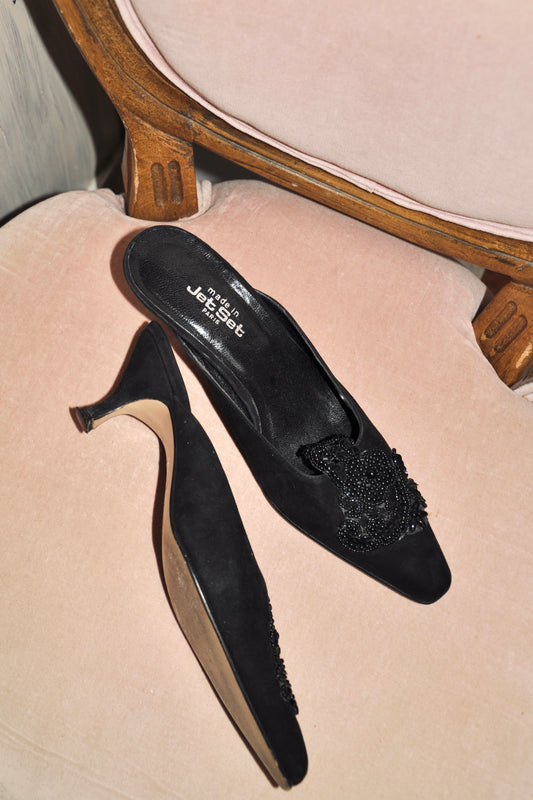 90's Velvet Beaded Black Heels