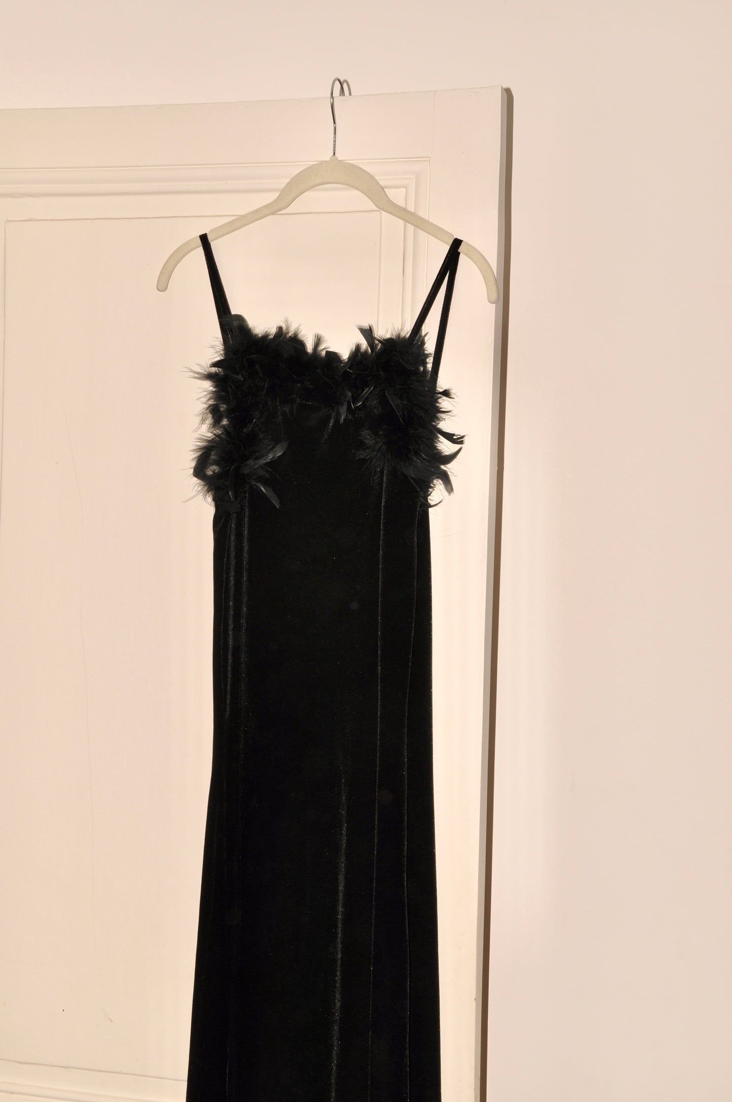 Black Velvet Dress with Feathers