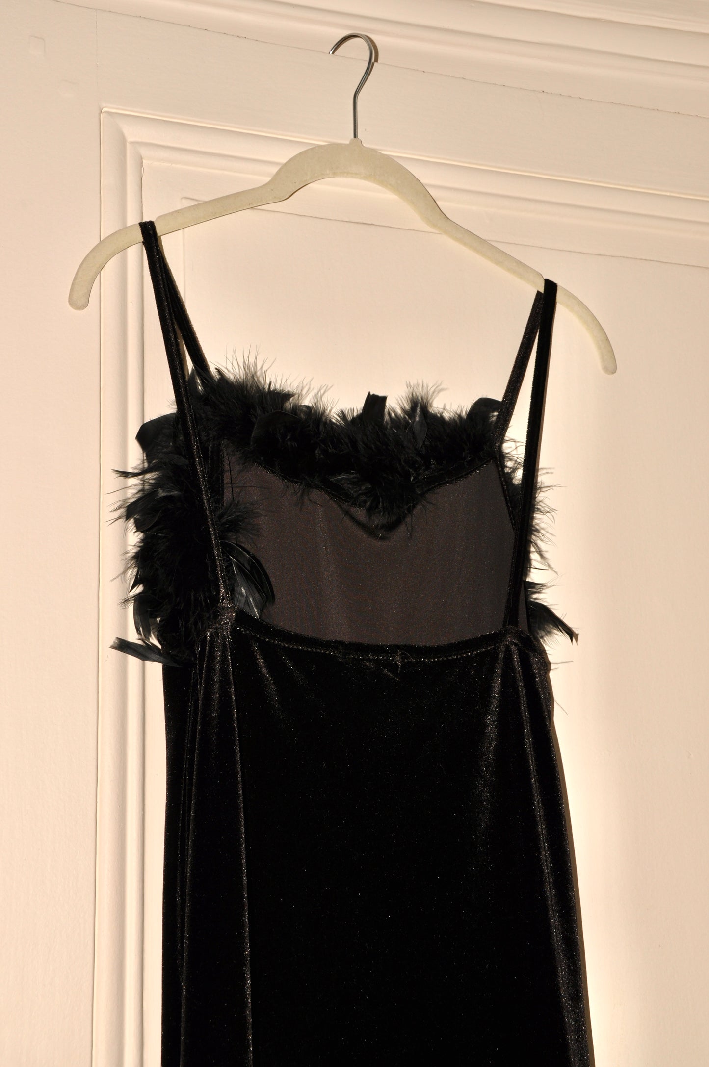 Black Velvet Dress with Feathers