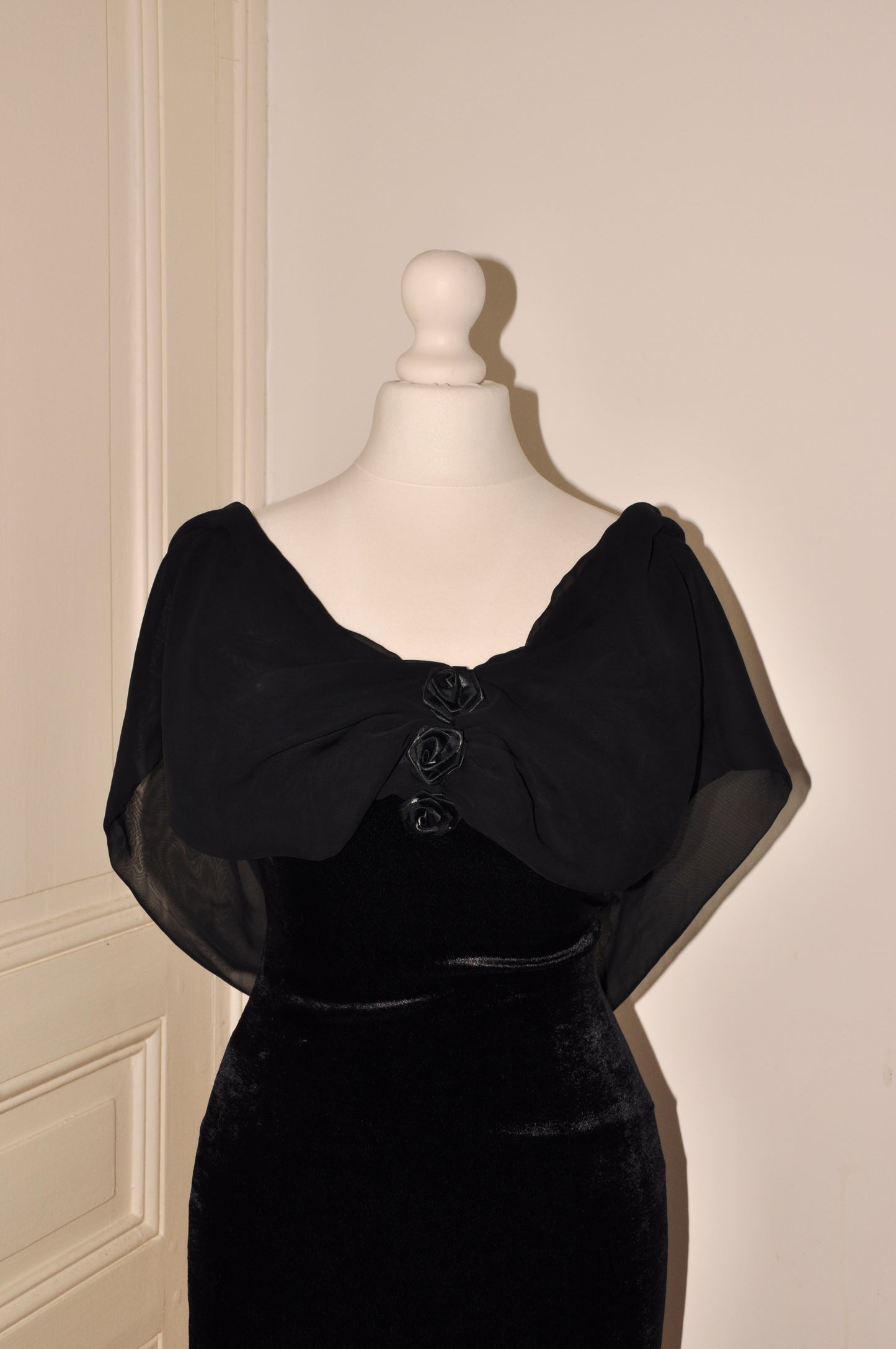 Rose Black Dress Draping Over the Shoulders