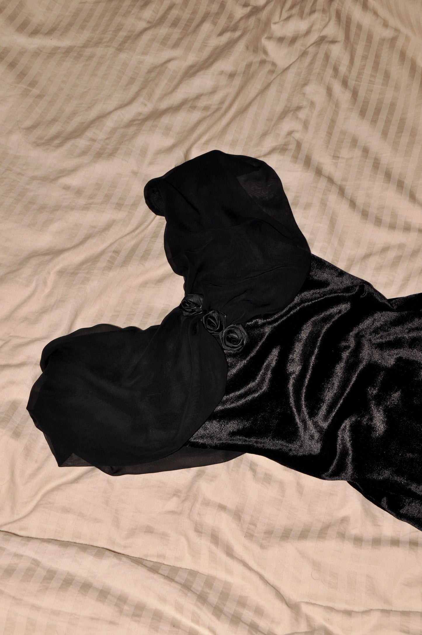 Rose Black Dress Draping Over the Shoulders
