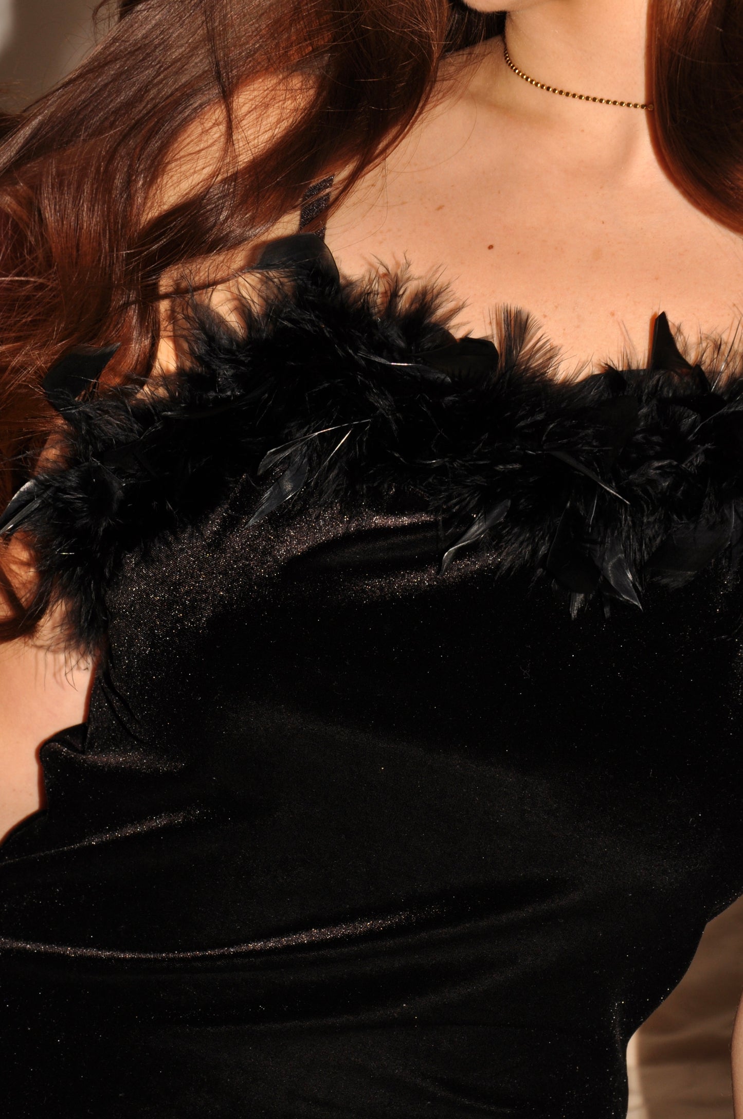 Black Velvet Dress with Feathers