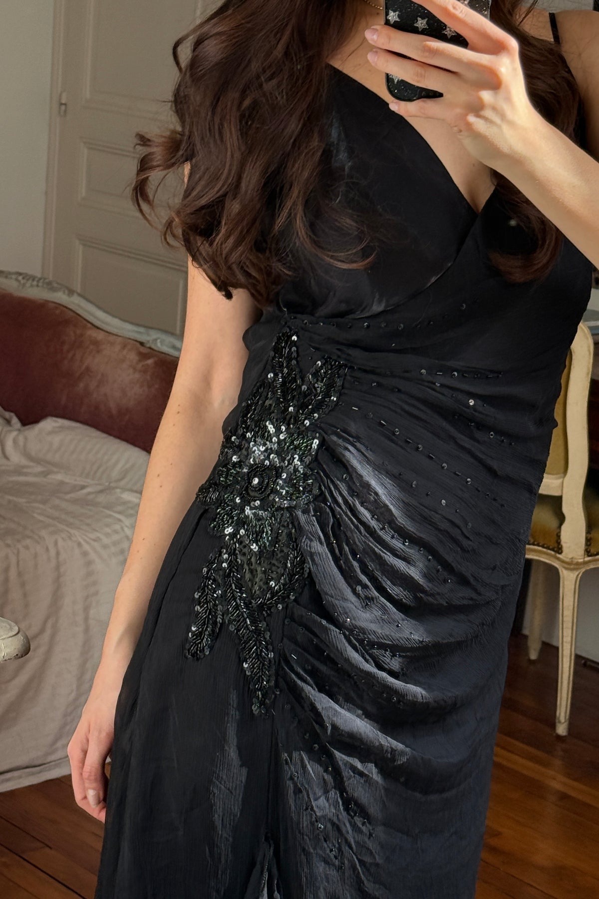 Long Silk Black Dress with Beaded details
